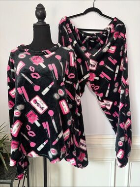 NWT Em & Alfie Black Pink Makeup Theme Velour Pants Top Sleep Set 3X